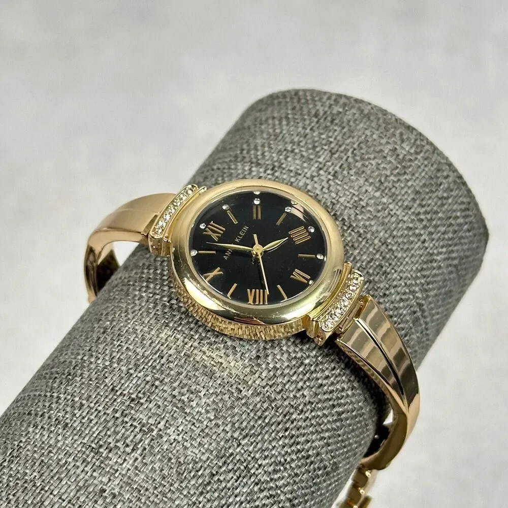 Anne Klein Watch Womens 16mm Round Black Dial Crystal Lugs Elegant New Battery